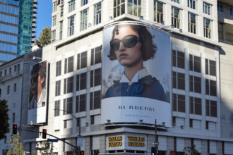 vitrine com modelos usando óculos Burberry masculino e feminino