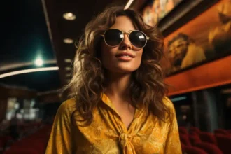 Mulher em uma sala de cinema com um óculos de luxo