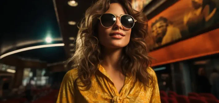Mulher em uma sala de cinema com um óculos de luxo