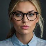 Mulher usando óculos de armação de grau e maquiagem no rosto