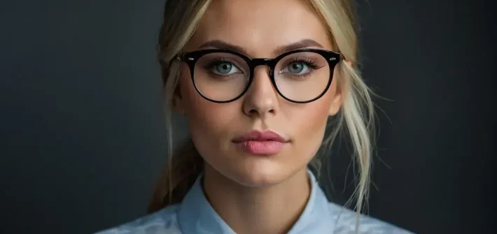 Mulher usando óculos de armação de grau e maquiagem no rosto