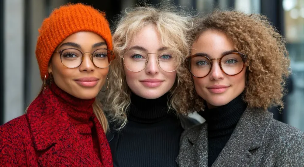 Três mulher lado a lado vestindo roupas de frio e óculos de grau com armações redondas