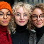 Três mulher lado a lado vestindo roupas de frio e óculos de grau com armações redondas