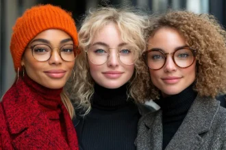 Três mulher lado a lado vestindo roupas de frio e óculos de grau com armações redondas