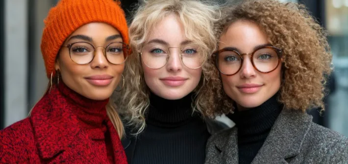 Três mulher lado a lado vestindo roupas de frio e óculos de grau com armações redondas