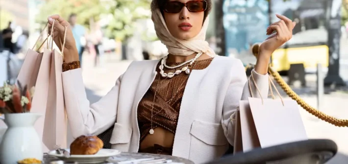 Mulher usando óculos carolina herrera e lenço na cabeça com roupas estilosas e elegantes em mesa ao ar livre