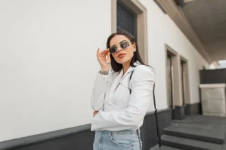 Mulher olhando para câmera sorrindo e usando óculos do estilo barely there