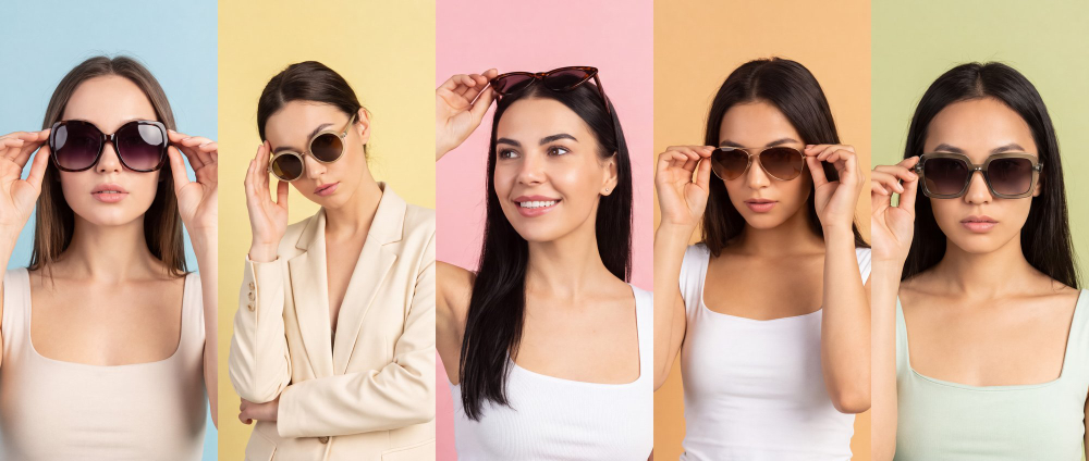 mulheres usando diferentes tipos de óculos de sol